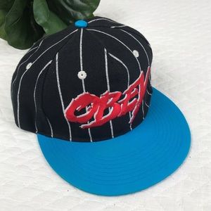 OBEY Rare! Y2K Black Pinstriped Adjustable Hat Cobalt Rim Red Embroidery…